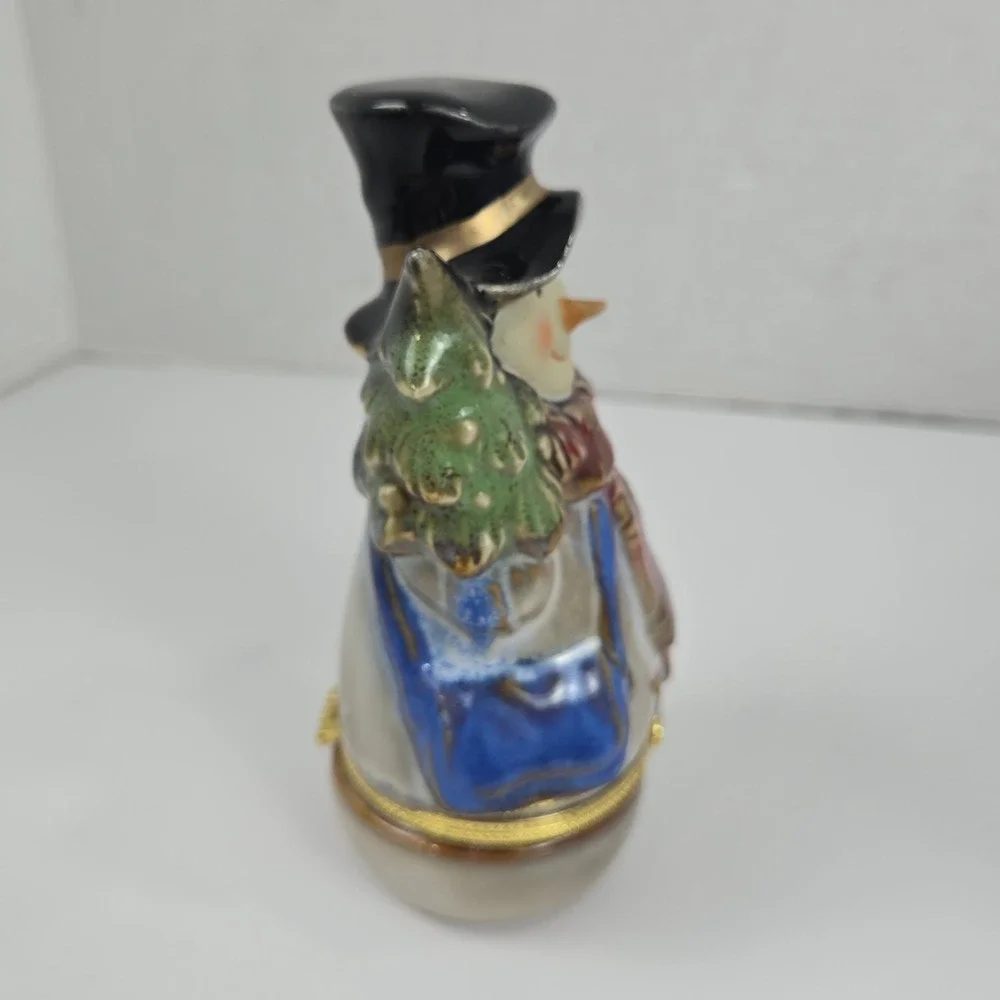 VTG Porcelain Hand Painted Snowman Hinged Trinket Box w Gold Tone Clasp 5